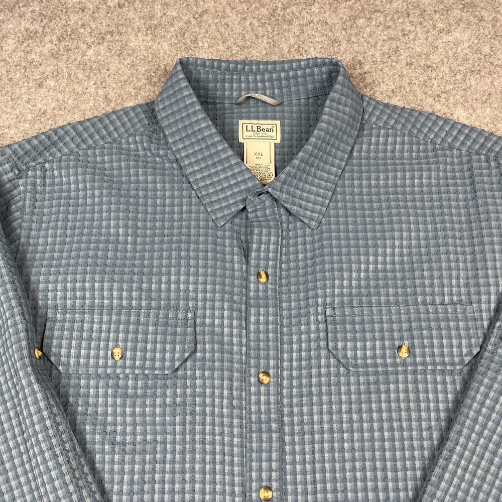 LL Bean No Fly Zone Explorer Shirt Mens XXL Blue Check Plaid Seersucker